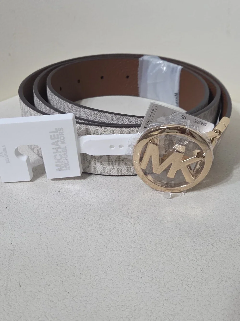 Michael Kors Beige Monogram Reversible Belt with Gold MK Buckle